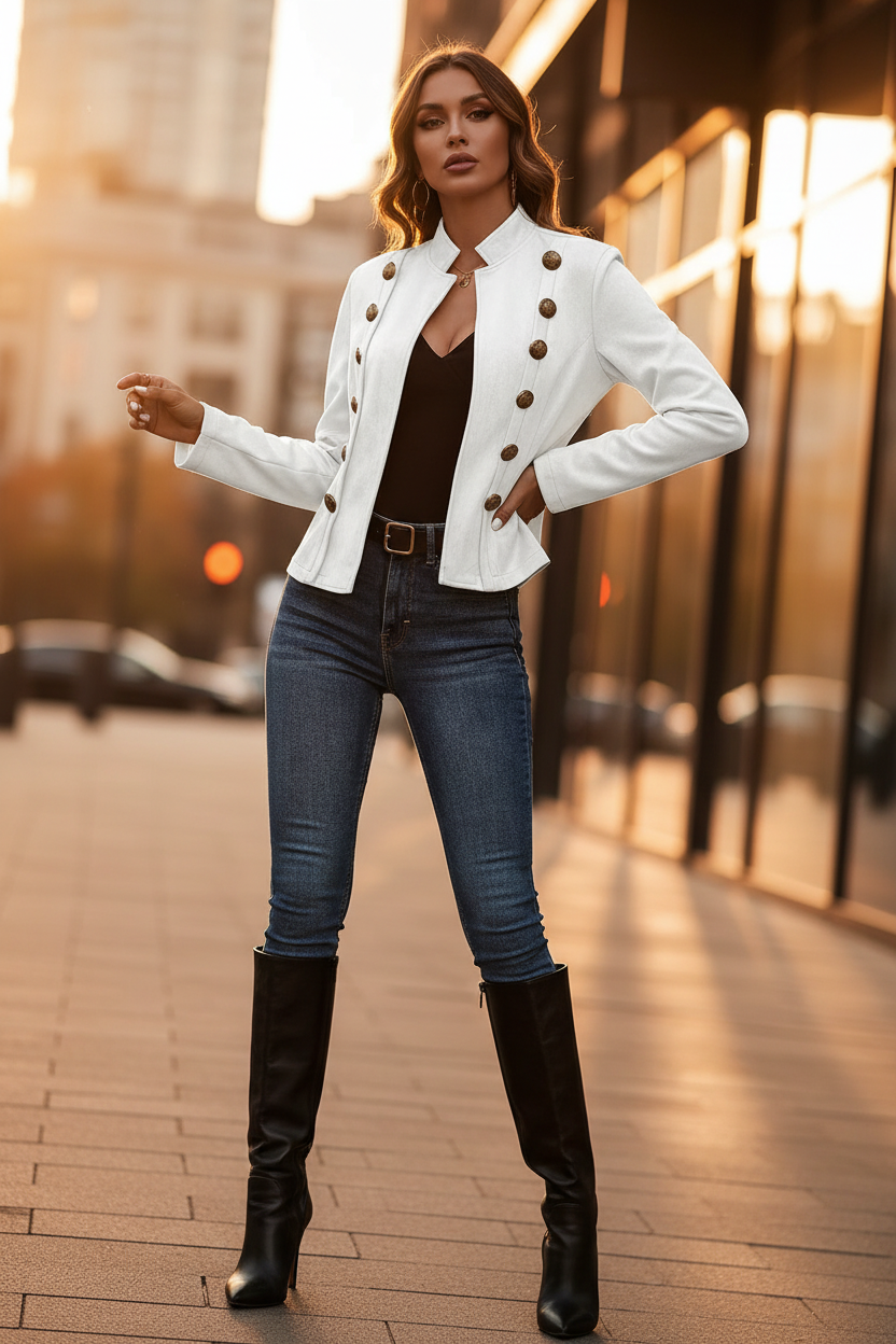 White faux suede blazer with notch lapels, gold button details, open front