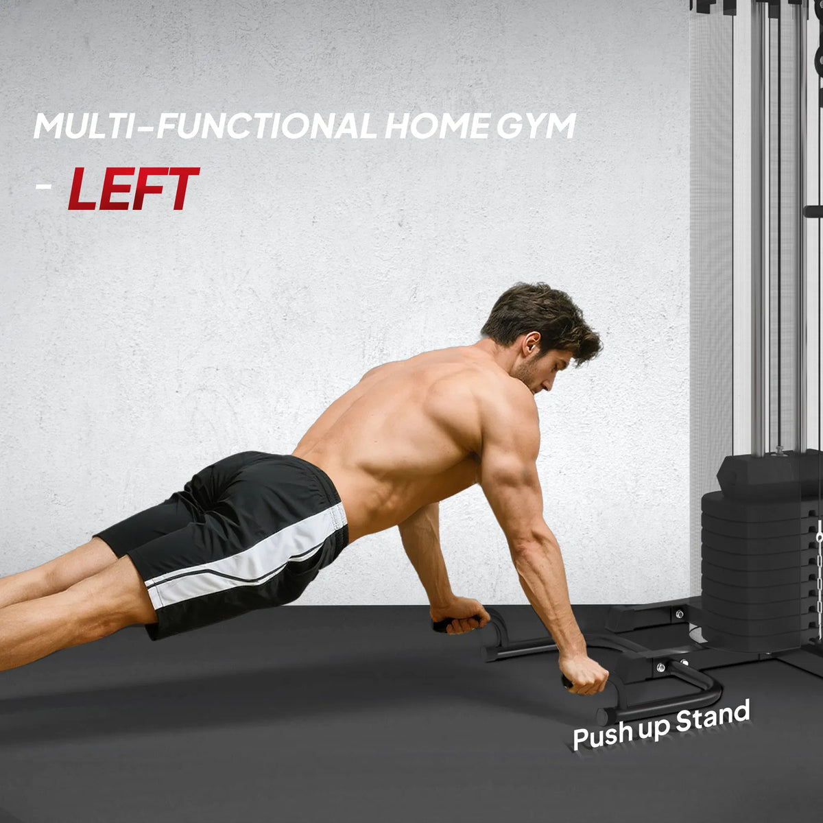 Home gym push-up stand with red/black bench and cable attachments for workouts
