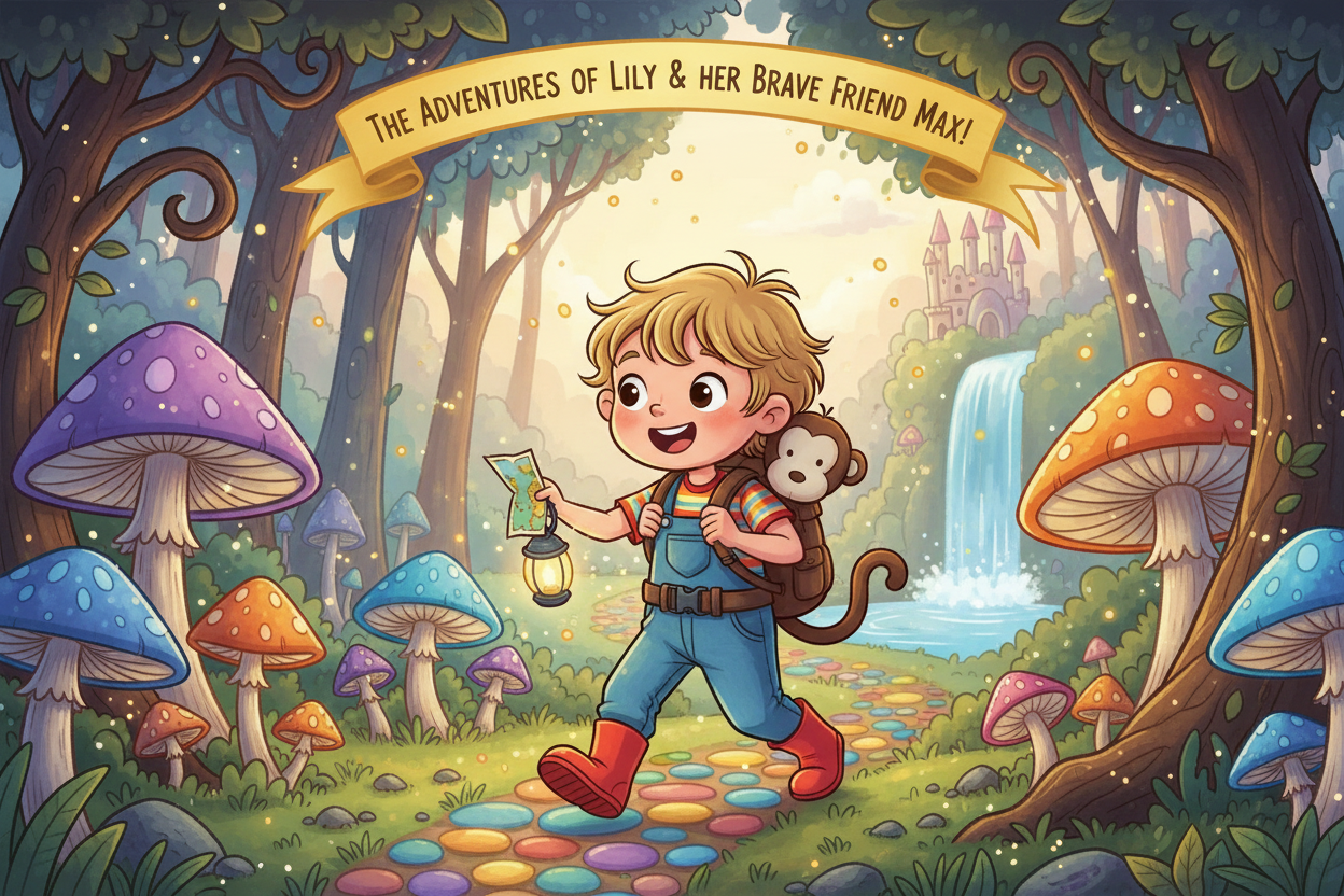 Children's book cover with fairy-tale forest scene and a child holding a card.