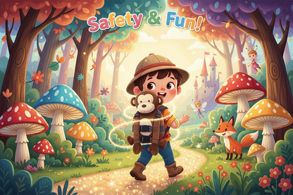 Cartoon children's book cover with woodland animals and a smiling boy.