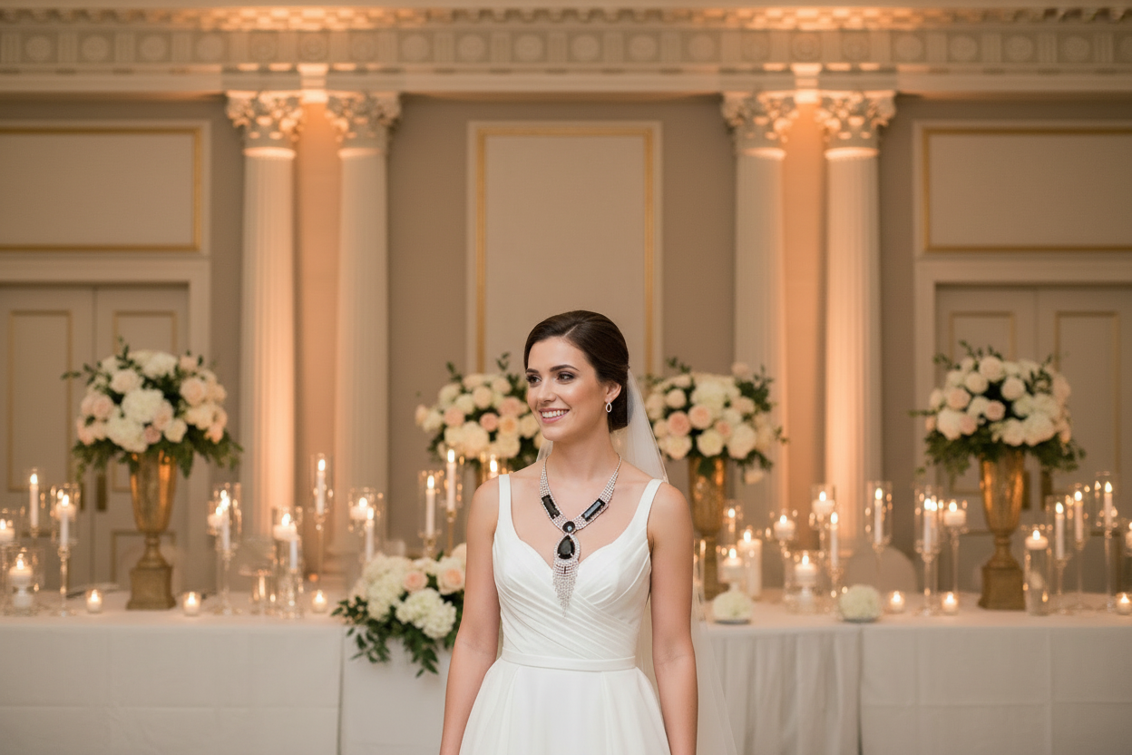 Bridal necklace and earrings set with dark oval gemstone and crystal fringe