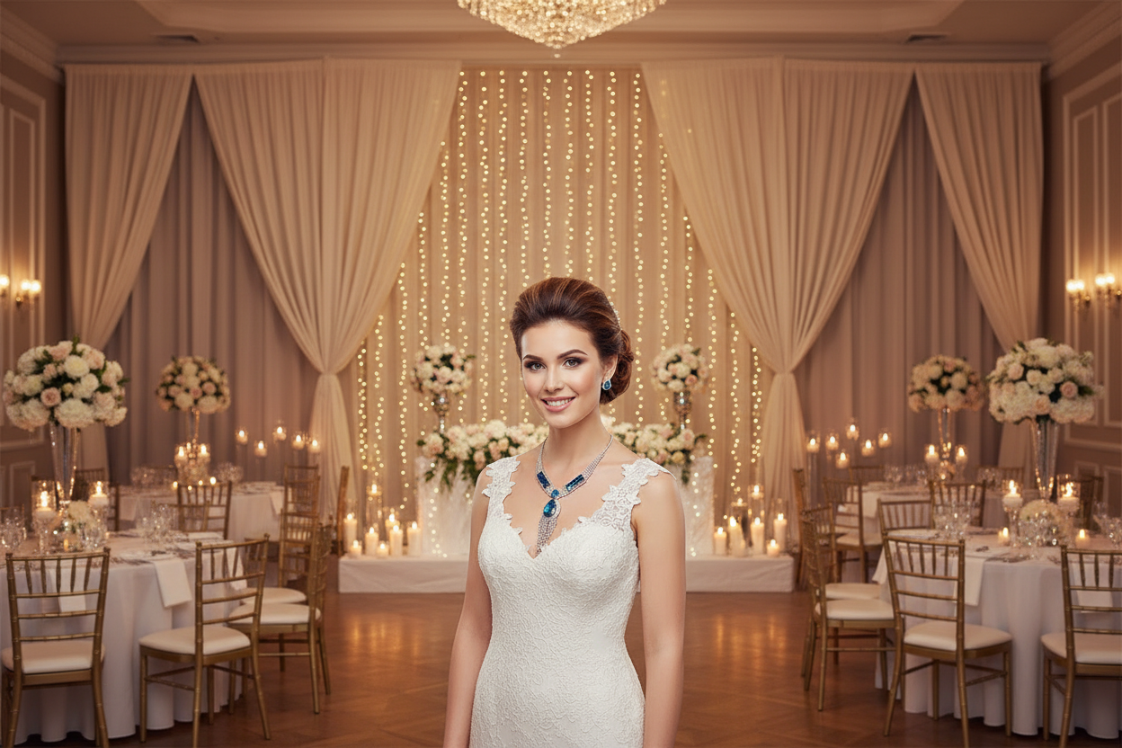 Bridal necklace and earrings set with blue teardrop stones and tassel details