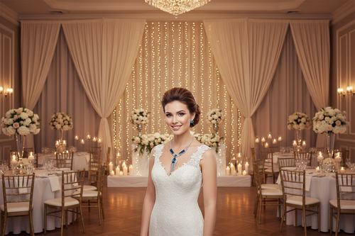 Bridal necklace and earrings set with blue teardrop stones and tassel details