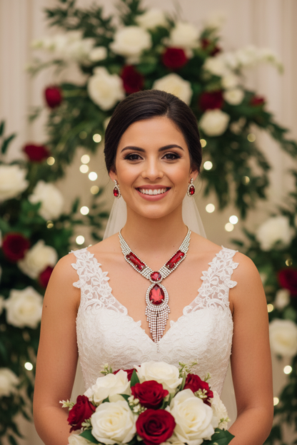 Bridal necklace and red teardrop earrings set with silver rhinestone tassel details