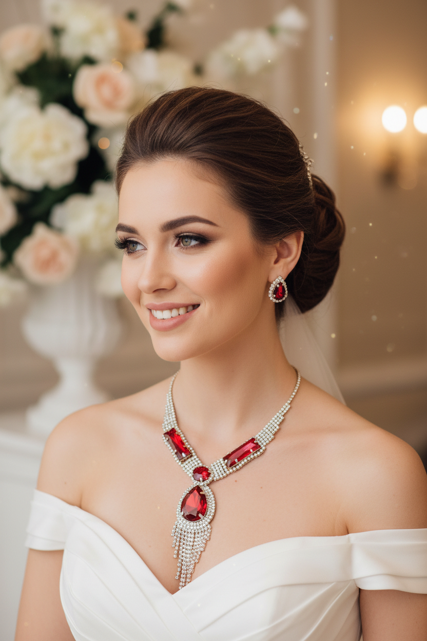 Bridal necklace and red crystal drop earrings with silver rhinestone fringe detail