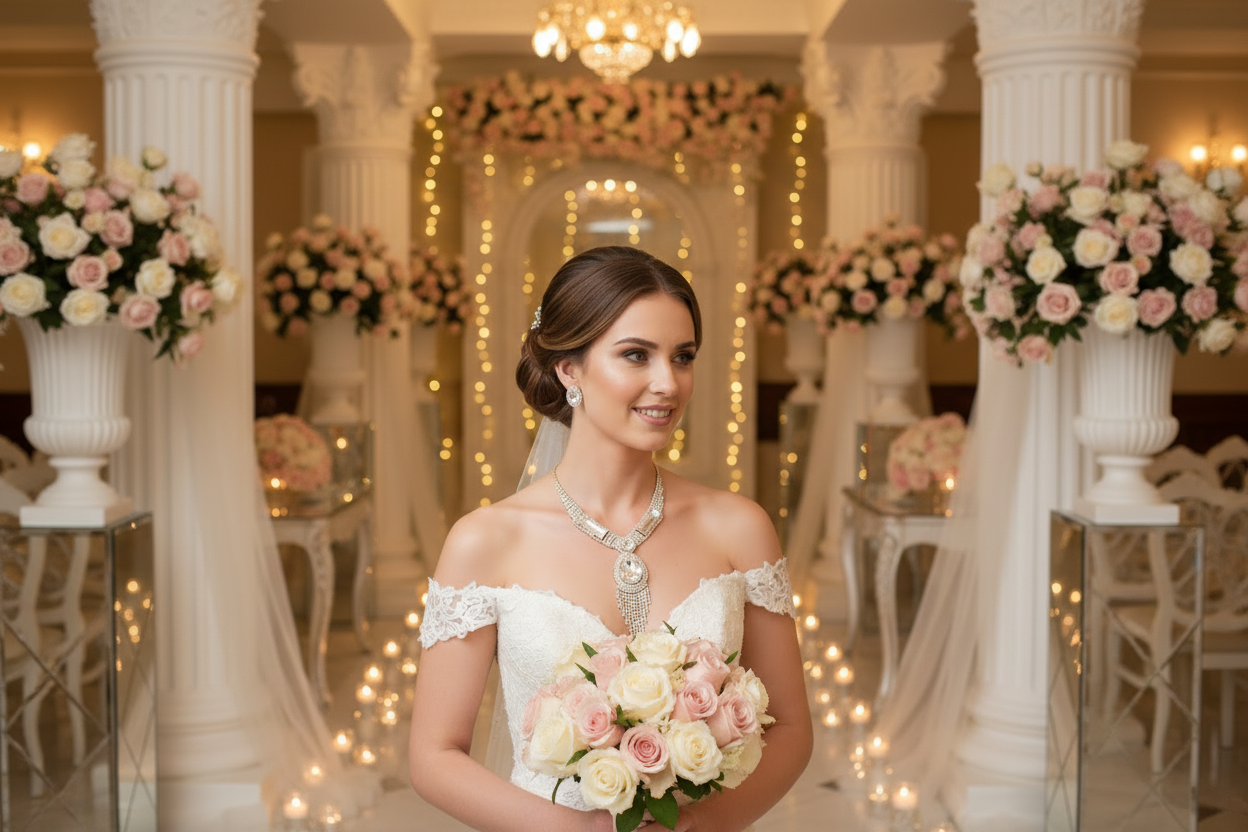 Bridal statement necklace with rhinestone teardrop pendant and drop earrings