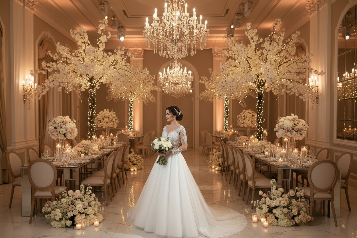 White lace wedding gown with long sleeves, fitted bodice, and full skirt with delicate hem trim