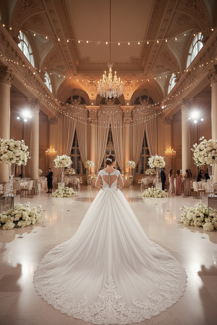 White lace wedding gown with long sleeves, embellished bodice, and long train