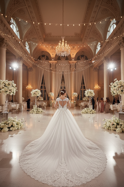White lace wedding gown with long sleeves, embellished bodice, and long train