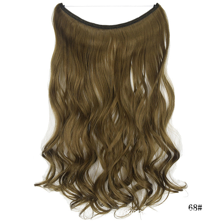 Seamless one-piece hair extension wig with long wavy dark brown hair, no visible part