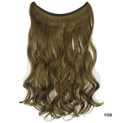 Seamless one-piece hair extension wig with long wavy dark brown hair, no visible part