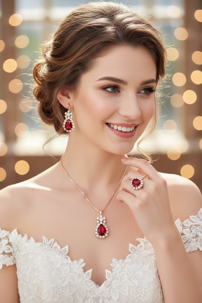 Bridal jewelry set with red teardrop gems: pendant necklace, stud earrings, matching ring