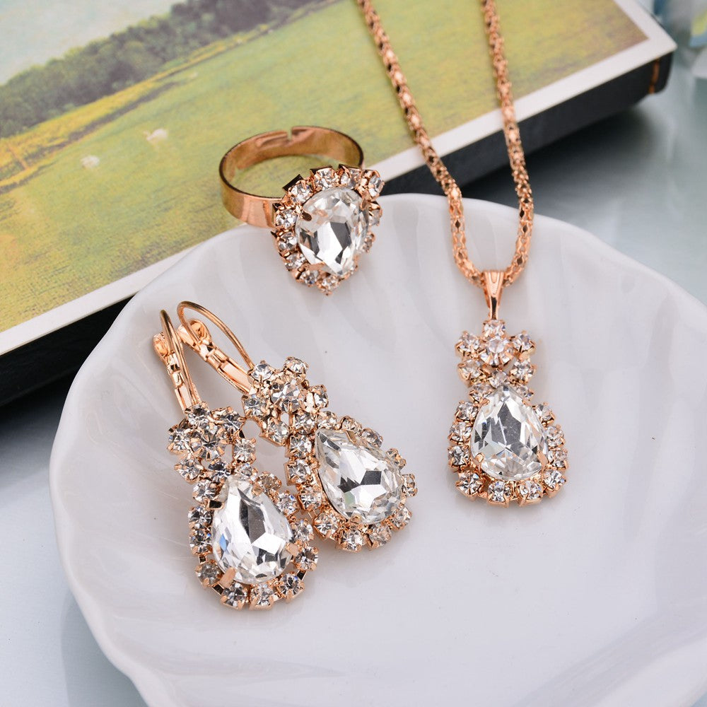 Water Drop Color Diamond Necklace, Earrings, Rings Set, Shiny High-end Bridal Jewelry