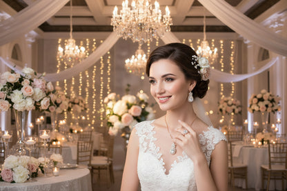 Gold-tone bridal necklace with water-drop pendant, matching earrings and ring set