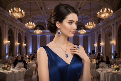 Water-drop crystal jewelry set with blue teardrop pendant and drop earrings