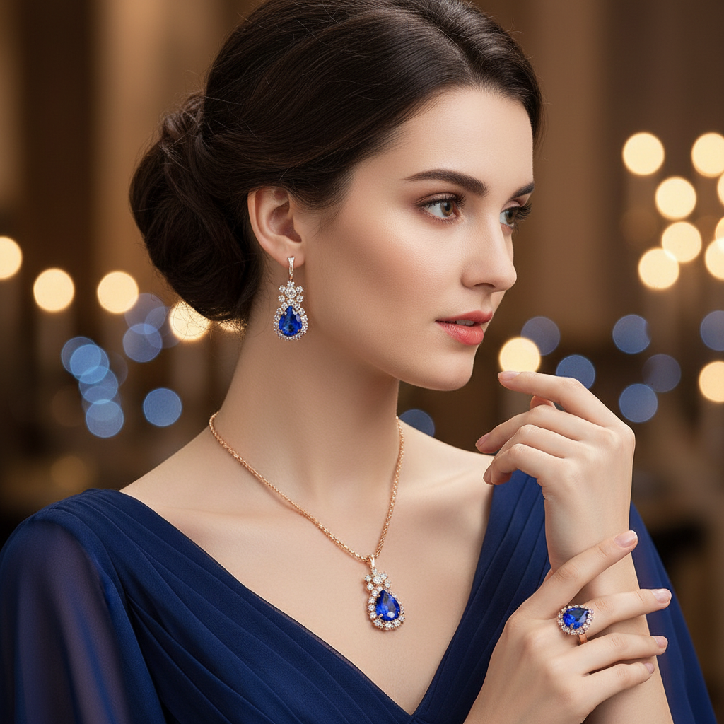Close-up: blue water-drop crystal earrings, necklace pendant, and coordinating ring