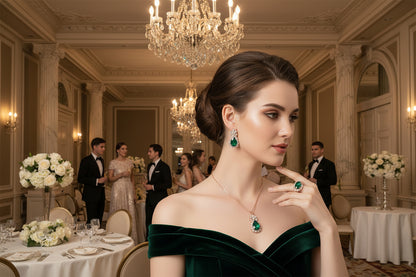 Water-drop crystal jewelry set with green teardrop pendant, green drop earrings