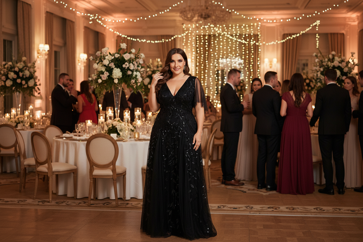 Plus size sequined net fishtail dress in dark, V-neck sleeveless gown