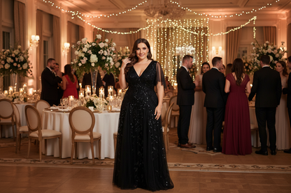 Plus size sequined net fishtail dress in dark, V-neck sleeveless gown