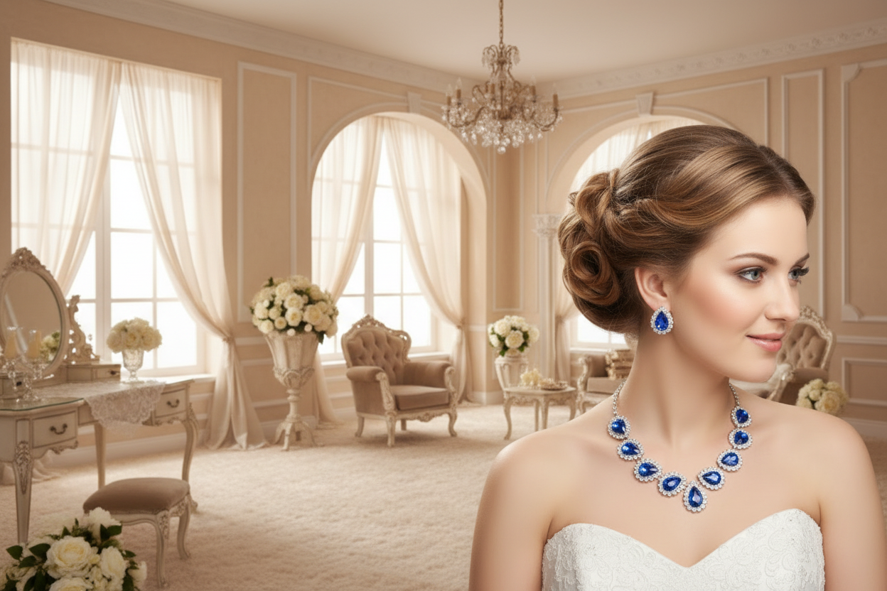 Diamond fashion necklace set with blue teardrop stones and matching drop earrings