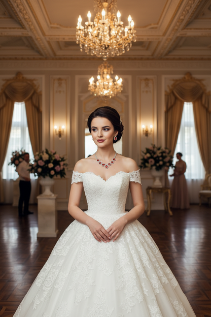 Bride diamond fashion necklace set with red teardrop stones, on off-shoulder wedding dress
