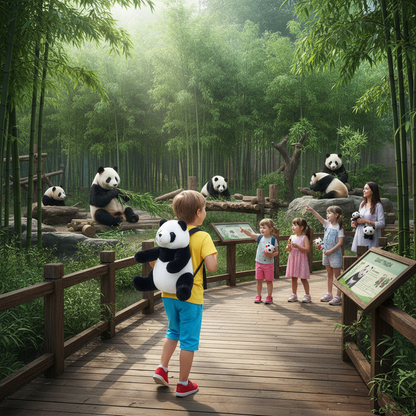 Plush panda backpack worn on back, showing panda head, belly, and black straps.