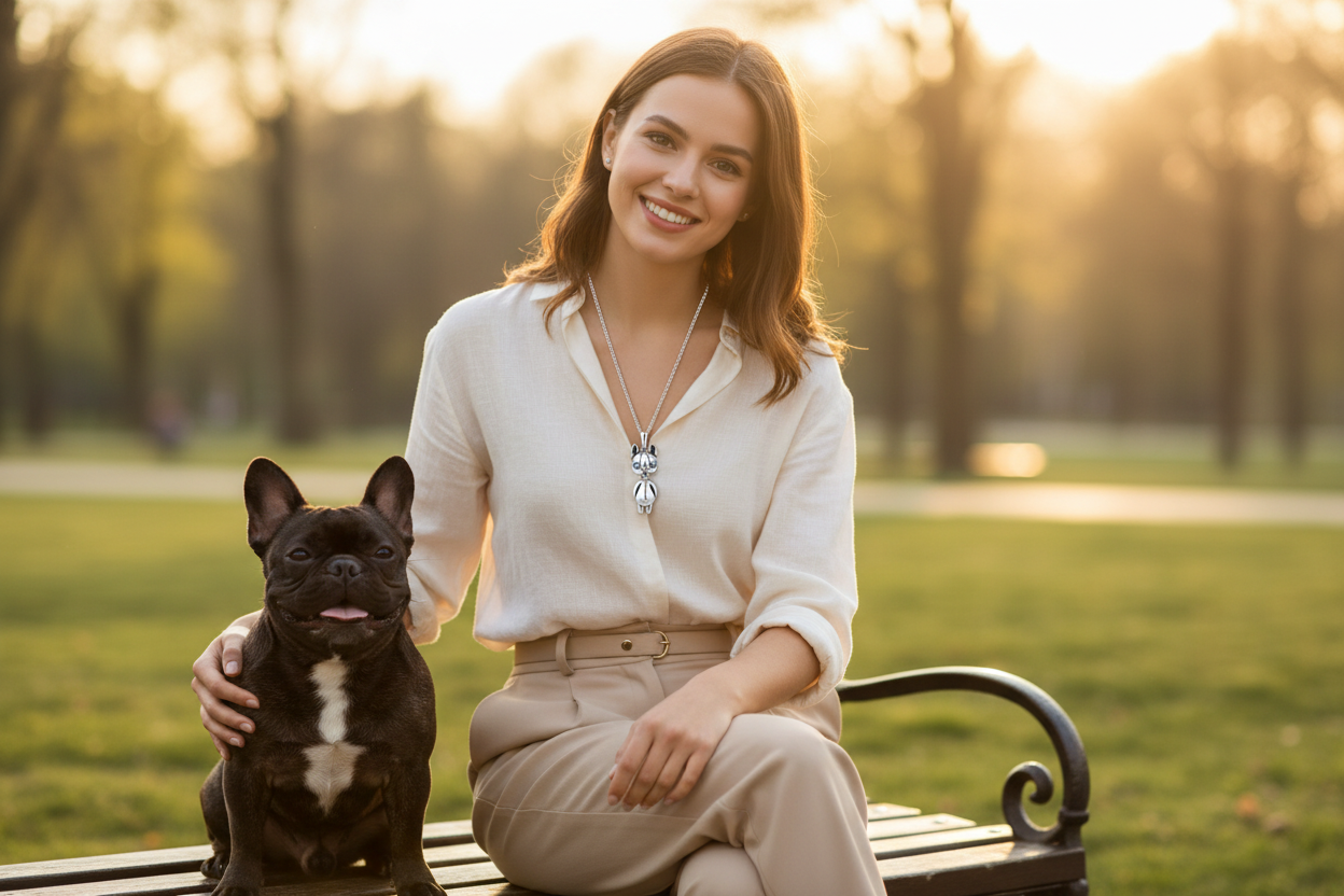 925 sterling silver dog pendant necklace with blue-eyed charm, worn with a cream outfit
