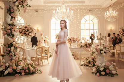 Slim bridesmaid dress with lace illusion neckline and long sleeves, fitted waist, tulle skirt