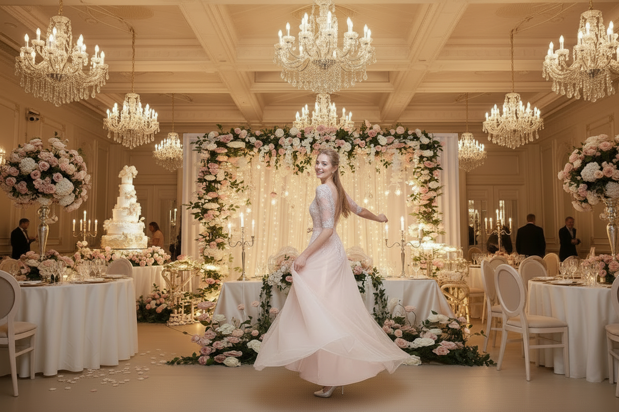 Slim bridesmaid dress with lace bodice and sheer long sleeves, fitted waist, A-line tulle skirt