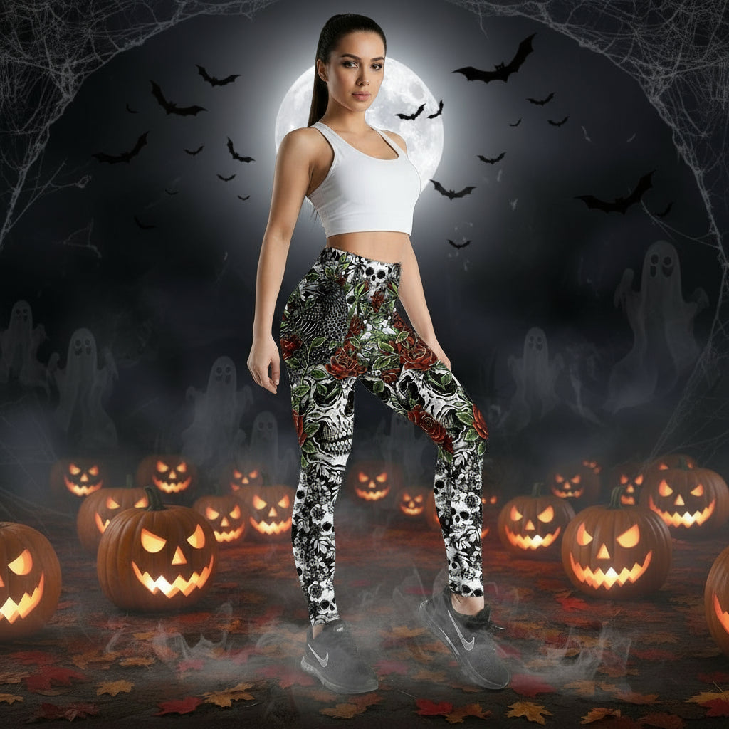 Roses Skulls Yoga Workout Leggings