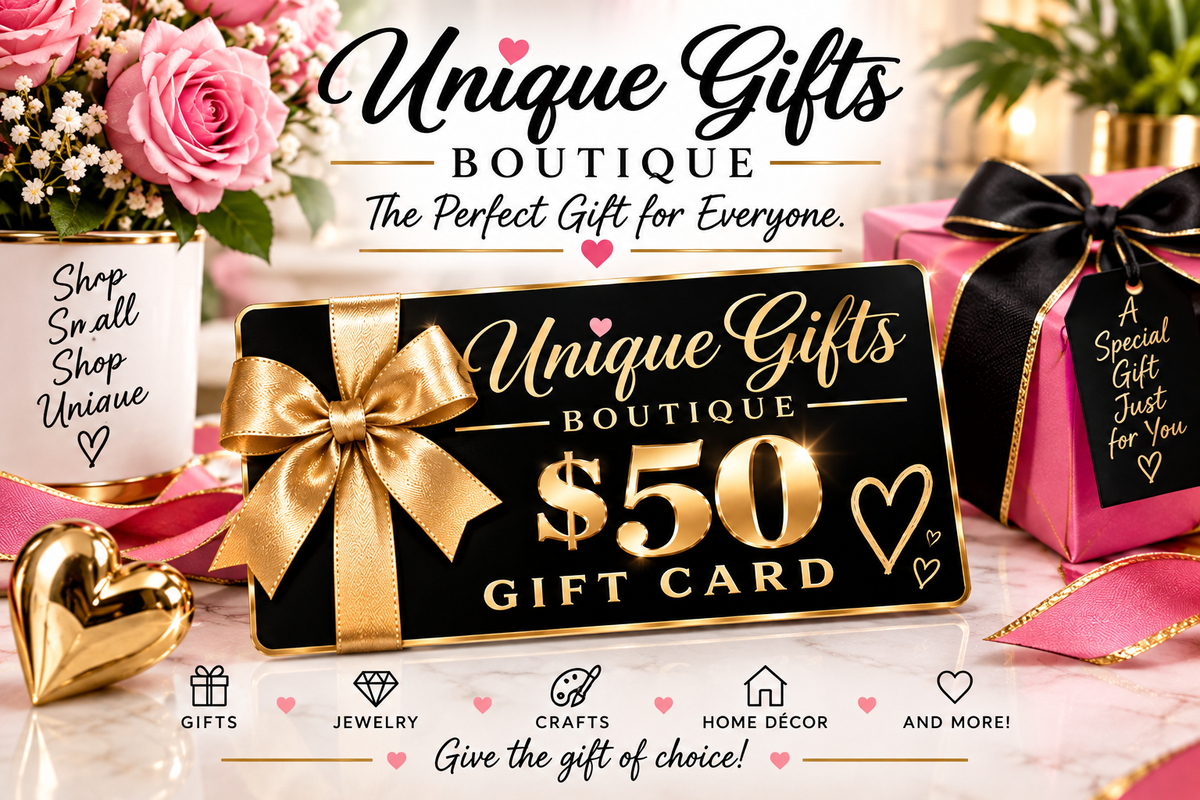 Gift card with black and gold design, bow, and "Gift Card $50" lettering