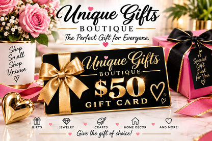 Gift card with black and gold design, bow, and "Gift Card $50" lettering