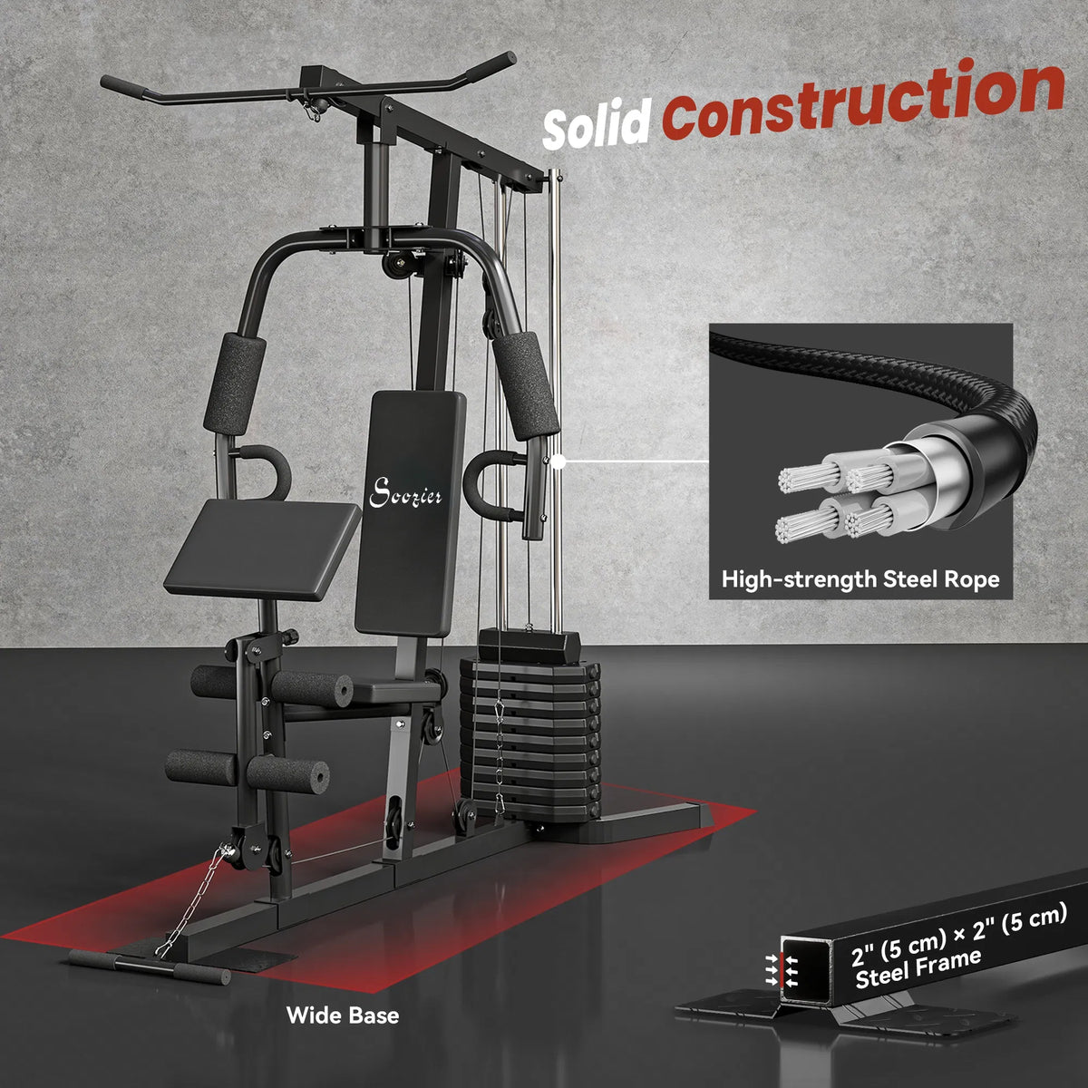Black multi-exercise home gym station with high-strength steel cable rope and wide base