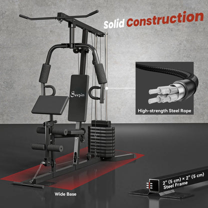 Black multi-exercise home gym station with high-strength steel cable rope and wide base