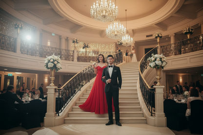 Off-shoulder chiffon A-line pleated bridesmaid dress, red with a draped skirt