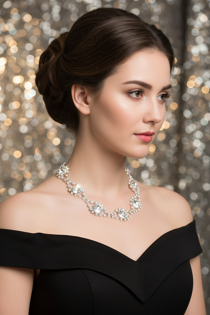 Sparkling rhinestone necklace with floral crystal links along the neckline