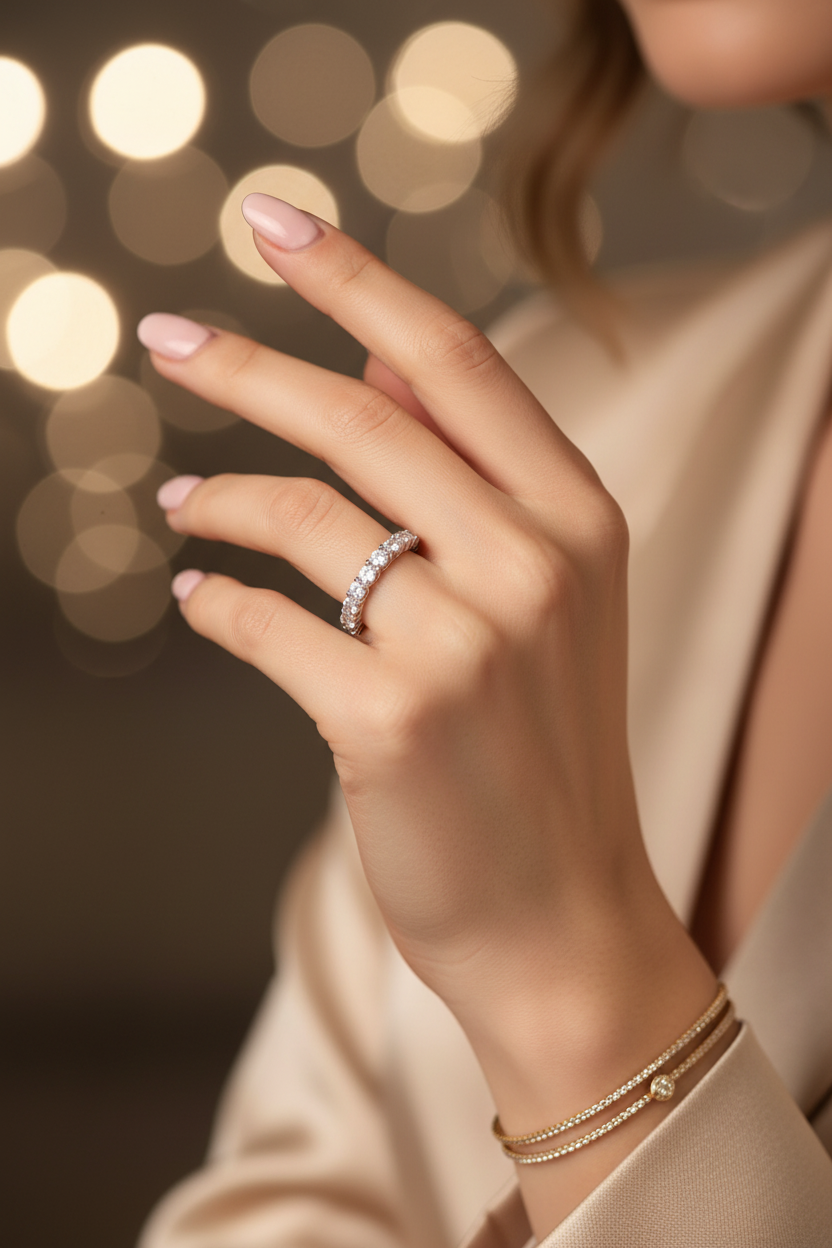 Silver band ring set with clear stones, shown on fingers
