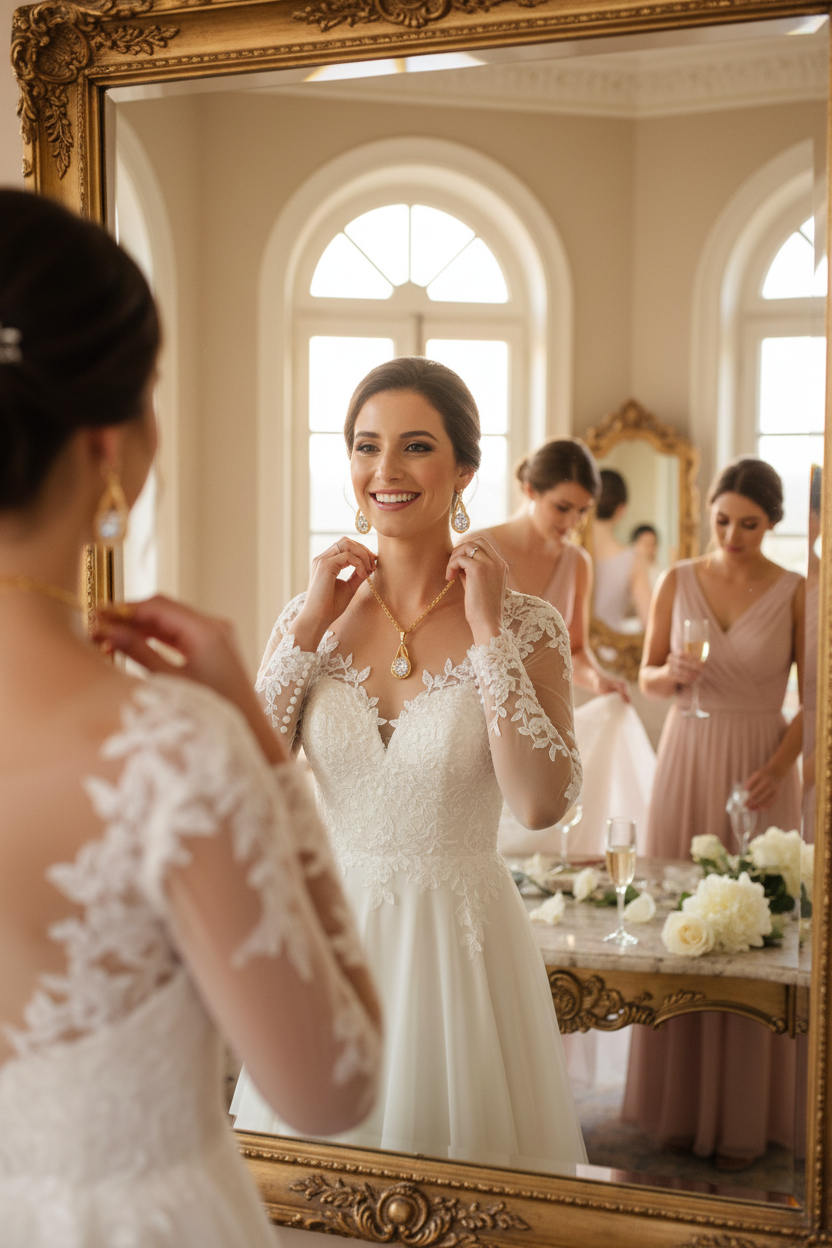 Gold-tone zircon drop necklace and earrings, visible in a mirror reflection at a table.