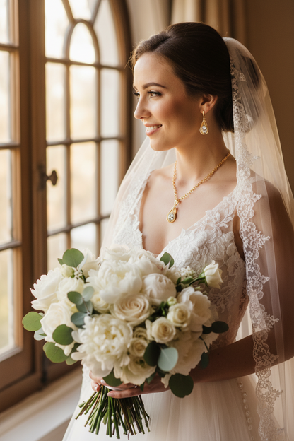 Gold-tone zircon drop necklace and earrings on a bride holding a cream rose bouquet.