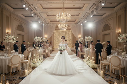 White one-shoulder wedding gown with long trailing veil and full skirt
