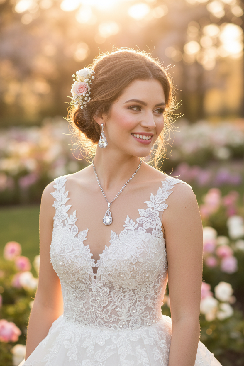 Silver-tone zircon drop necklace and earrings worn by a bride outdoors, teardrop stones.