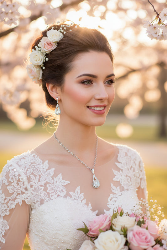 Silver-tone zircon drop necklace and earrings on a bride, teardrop stones.