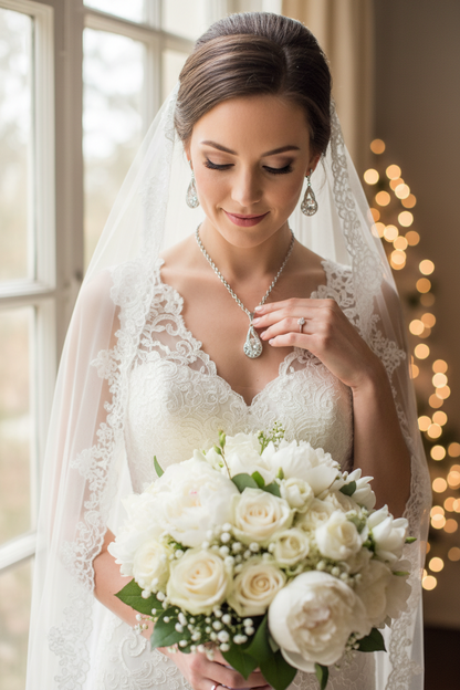 Silver-tone zircon drop necklace and earrings on a bride holding a white rose bouquet.