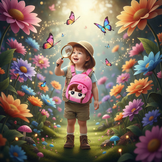 Pink kids small backpack with cartoon face patch, bow detail, and front zipper pocket