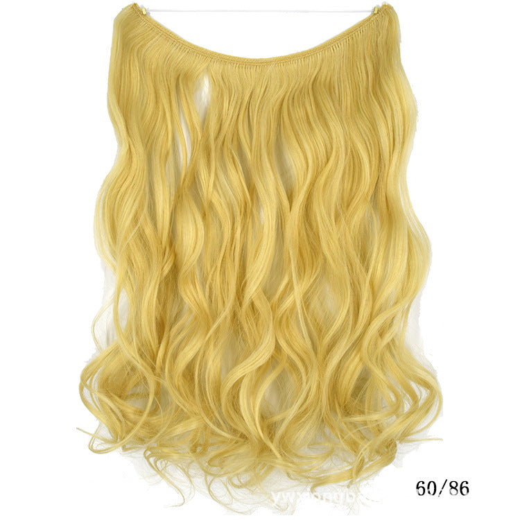 Seamless one-piece hair extension wig with long wavy golden blonde hair, no visible part