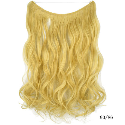 Seamless one-piece hair extension wig with long wavy golden blonde hair, no visible part