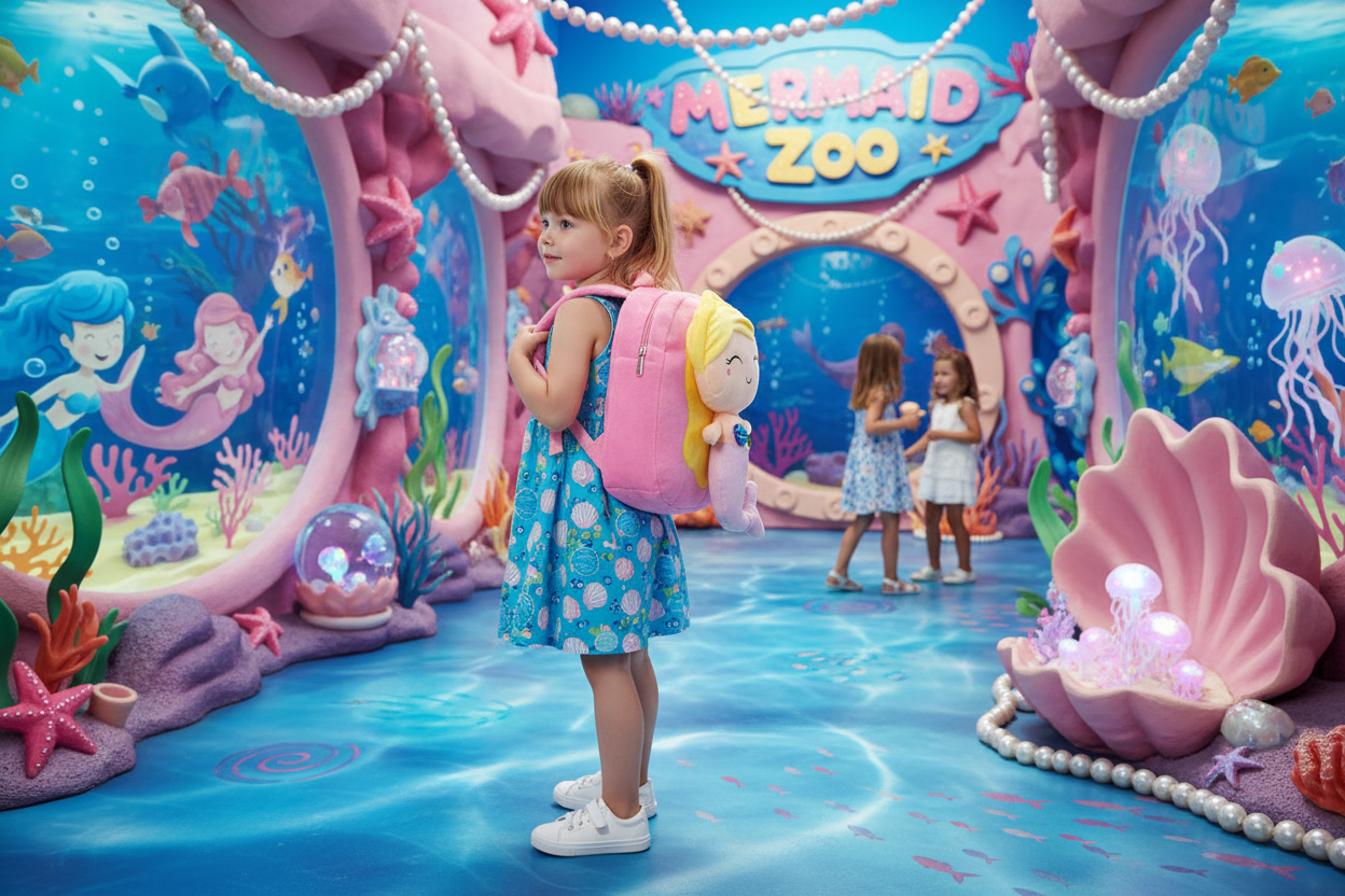 Pink kids backpack with mermaid character plush front, front zipper and shoulder straps