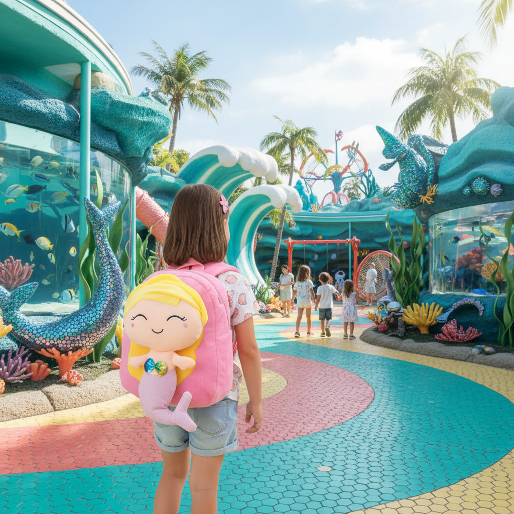 Pink kids backpack with mermaid plush design on front, side straps visible