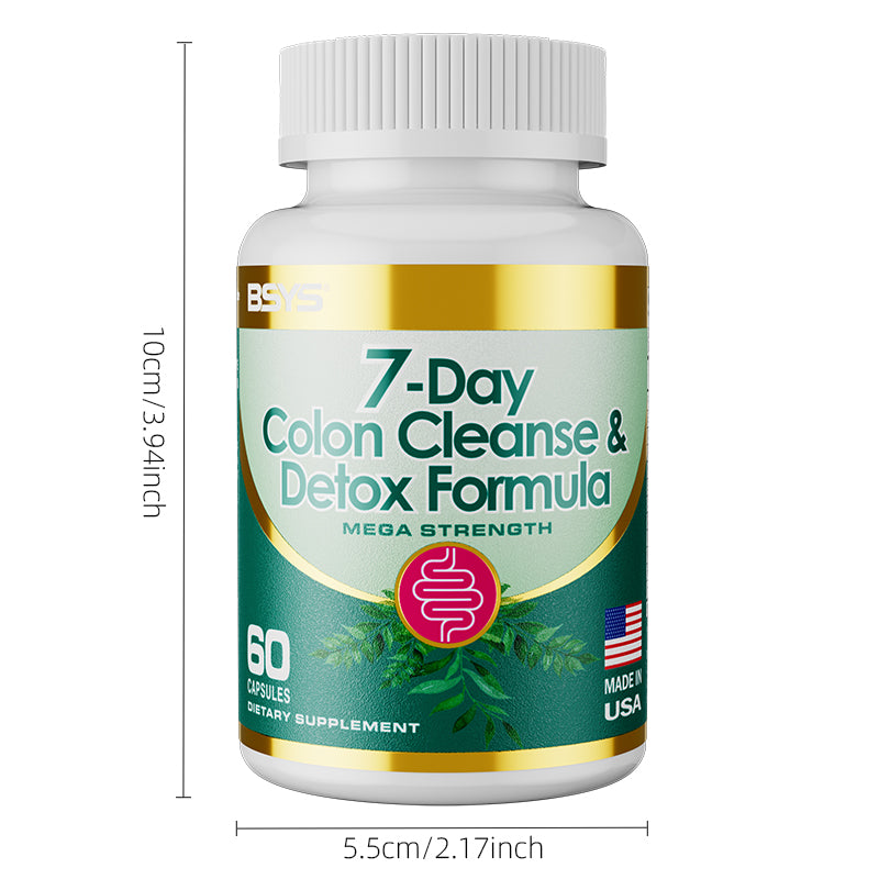 Colon cleanse supplement bottle with white cap and green-gold label with height measurements