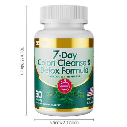 Colon cleanse supplement bottle with white cap and green-gold label with height measurements